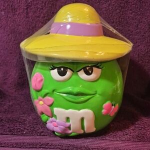 M&M'S Green Cookie Jar with Yellow Lid, Flowers, And A Butterfly